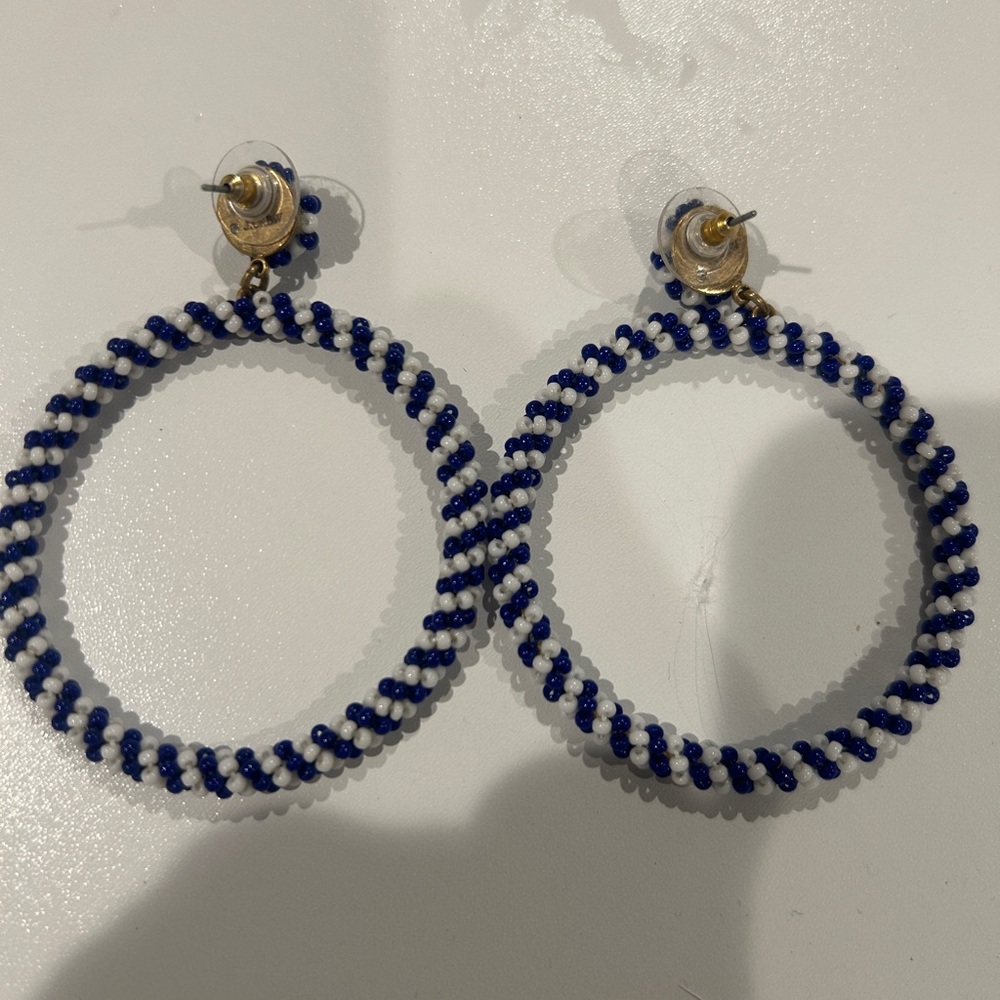 J. Crew Blue and White Beaded Hoop Earrings